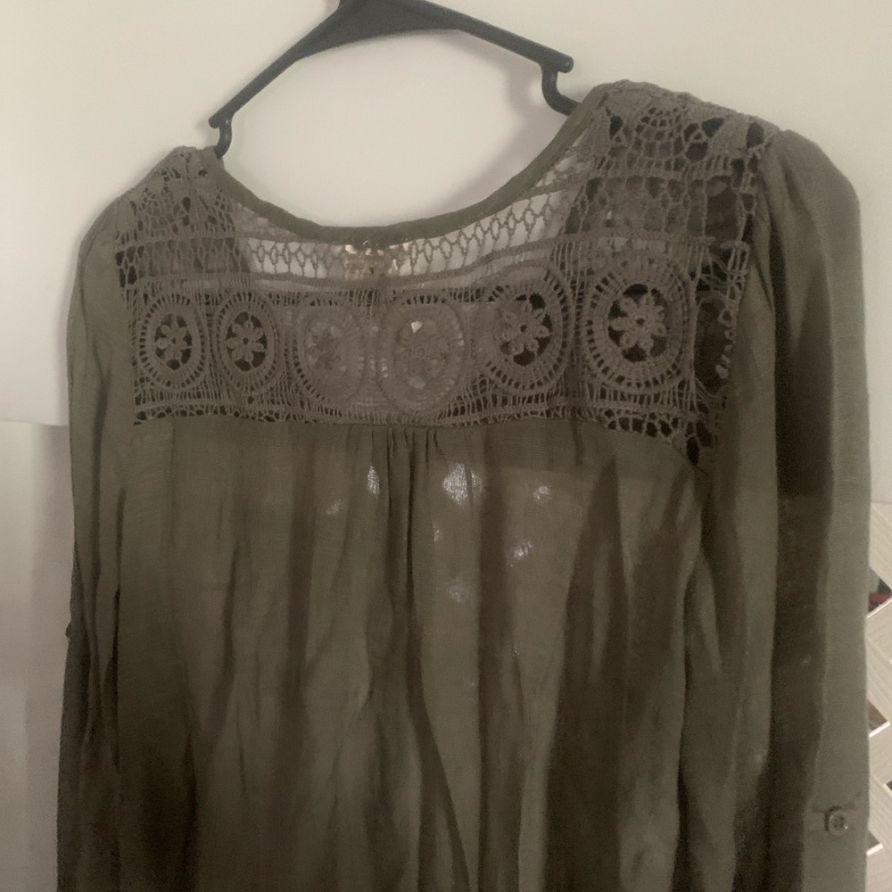 Forgotten Grace Olive Green Sheer Blouse With Crochet Detail - Picture 4 of 6